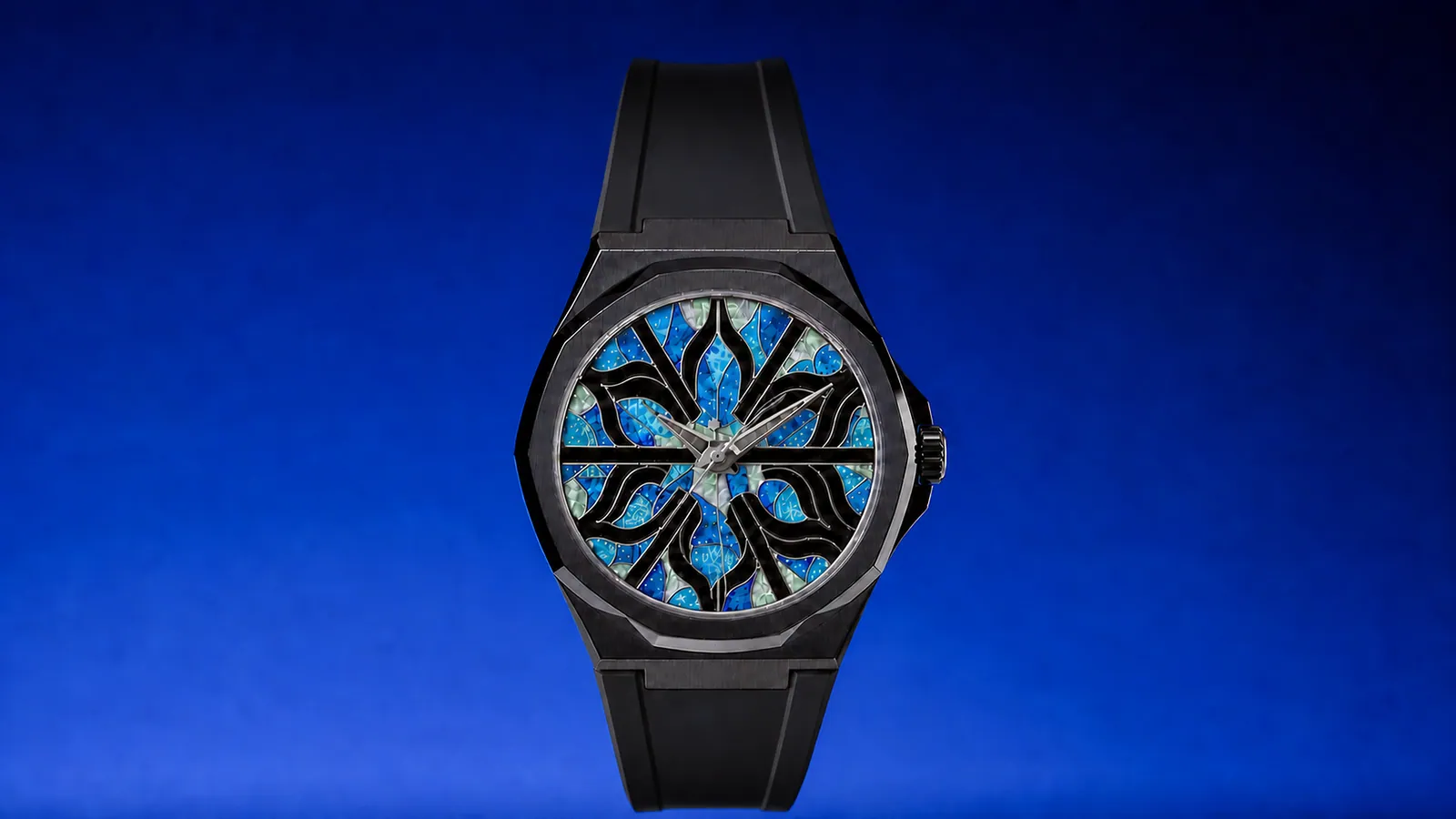 Cathedral Blue dial with black titanium case and black FKM strap