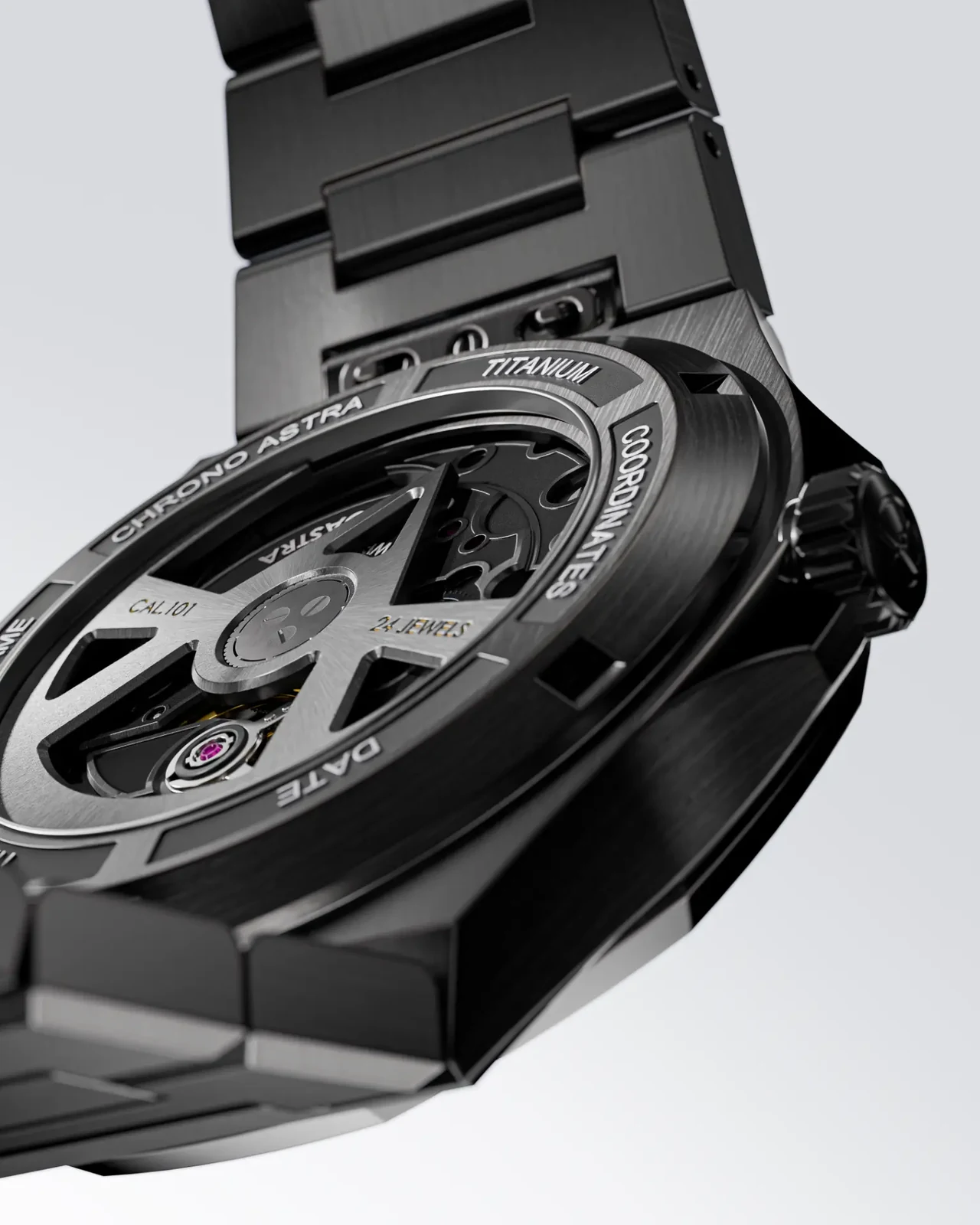 Black Grade 5 titanium open caseback showing the modified La Joux-Perret G101 movement