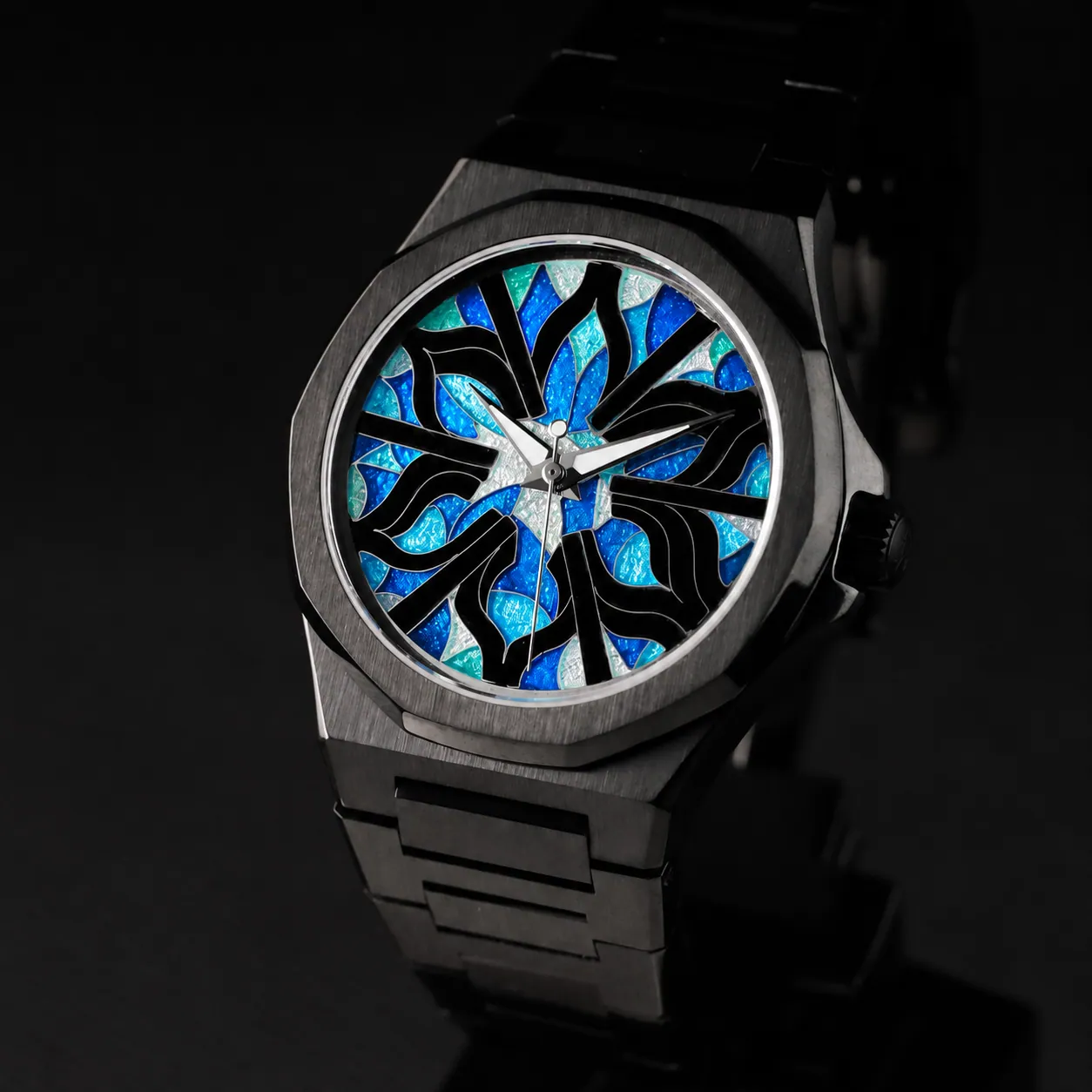 ChronoAstra × Sandry Riffard watch with a blue stained-glass enamel dial